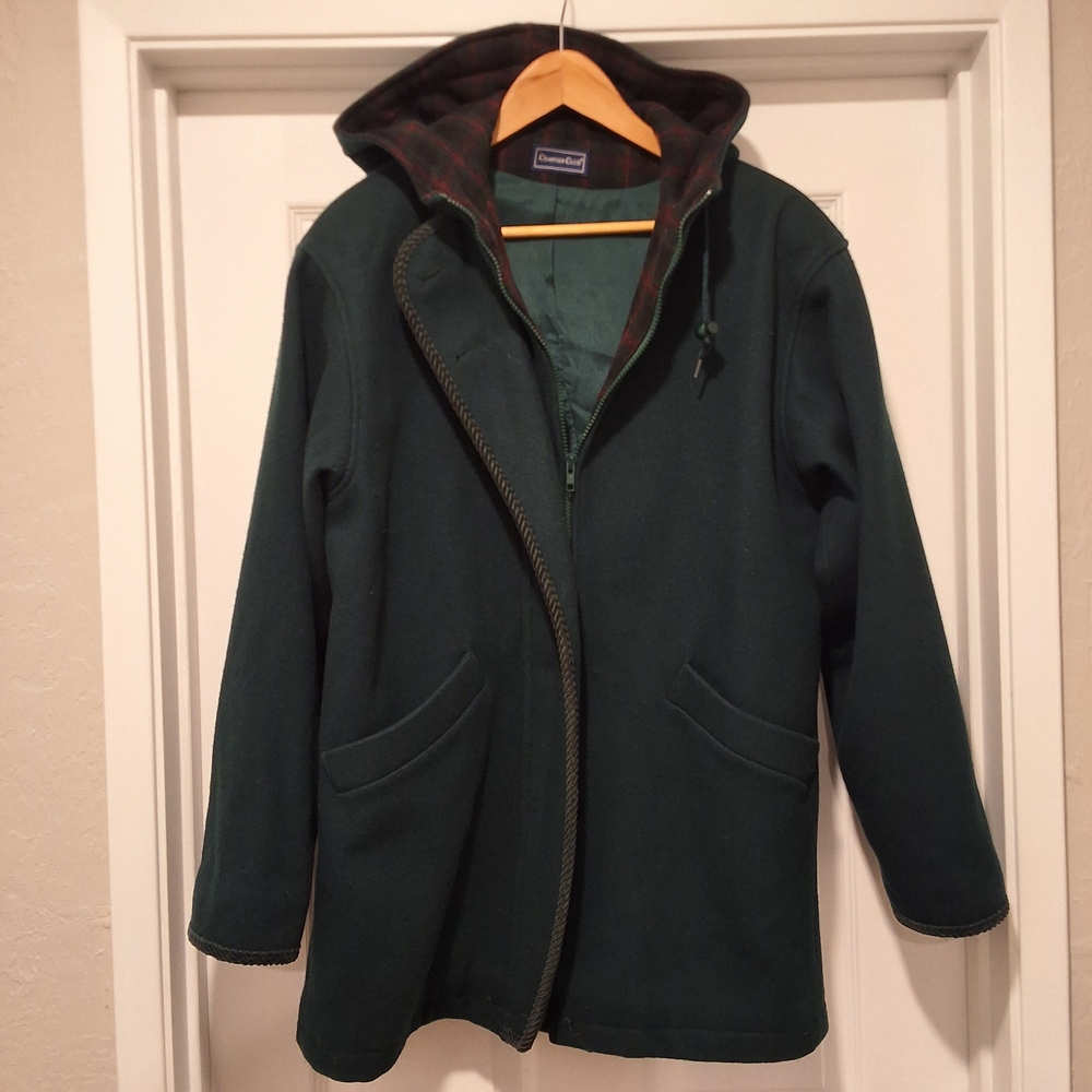 Charter Club Dark Green Hooded Coat with Plaid Lining